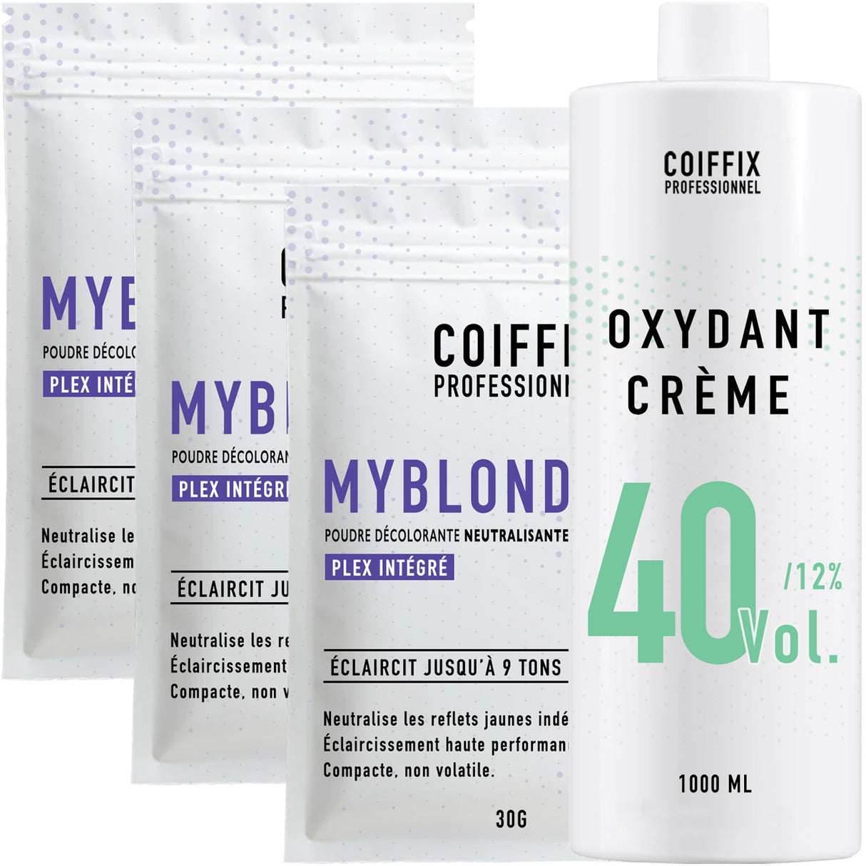 Pack Oxydant 40 Vol + 3 Sachets Poudres Décolorantes 9 Tons MyBlond Coiffix Professionnel